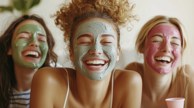 Radiant Girls' Night In: Three diverse girls bask in the comfort of home, applying vibrant face masks and bursting into laughter. Capturing genuine joy, friendship, and self-care.