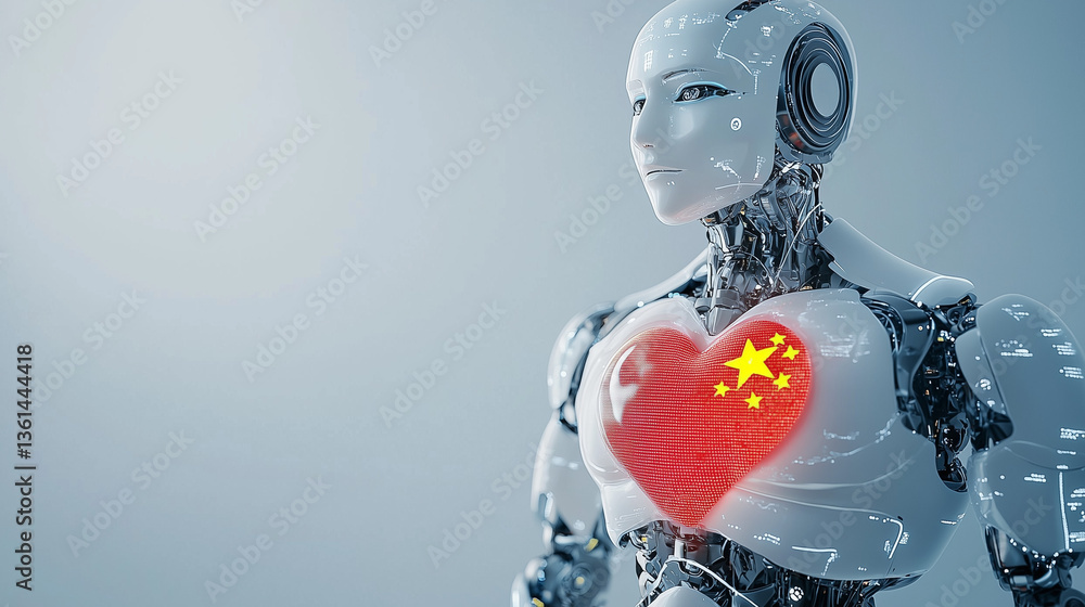 Poster ai heart: a captivating image portrays a futuristic robot, its metallic form cradling a glowing hear