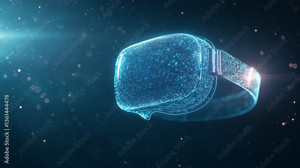 Poster immersive reality: a futuristic, pixelated rendering of a virtual reality headset hovers against a d