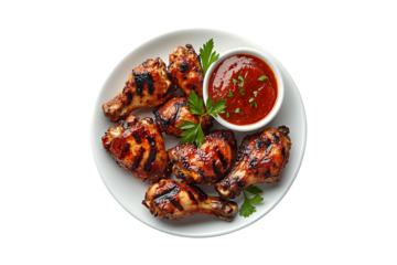 Grilled chicken wings with sauce on a plate isolated on transparent background.