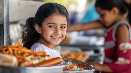 Happy girl smiles at food truck, outdoor event, blurred child background