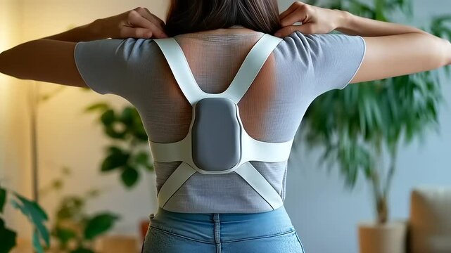 Woman adjusting a posture corrector in a cozy indoor setting with plants in the background