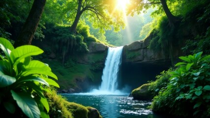 Fototapeta premium big wide waterfall in the jungle in summer on a sunny day