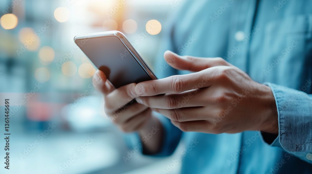 Poster digital interaction: close-up view of hands holding a mobile phone, tapping on the screen with digit