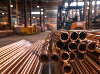 Bottomup view of copper and bronze round bars and tubes 30 cm diameter stacked on the ground of a industrial warehouse and tied together with thin aluminum strips I