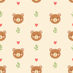 Fototapeta premium Seamless pattern of bear face with heart and leaf shapes. for poster, fabric pattern, wrapping paper, kids t-shirt, on light brown background. Flat art design