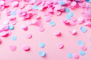 Colorful confetti scattered on a pink background, creating a festive atmosphere for celebrations