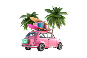 Pink vintage car summer vacation road trip surfboards luggage palm trees
