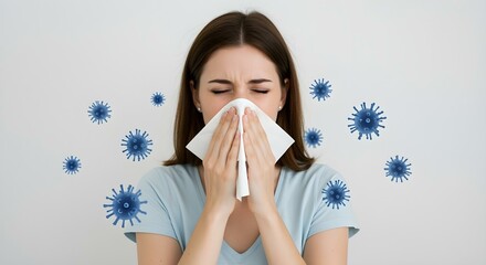 Woman Covering Nose with Tissue Surrounded by Virus Molecules Illustration
