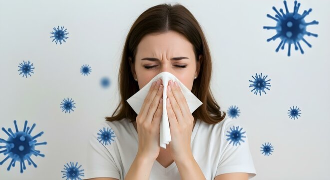 Woman Sneezing Into Tissue Surrounded by Virus Particles During Cold Season