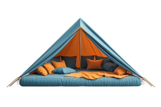 A Cozy Indoor Glamping Tent, Perfect For A Relaxing Escape, Featuring A Plush Teal Mattress, Orange Pillows, And A Soft Yellow Inner Tent Creating A Warm And Inviting Atmosphere Isolated on Transparen