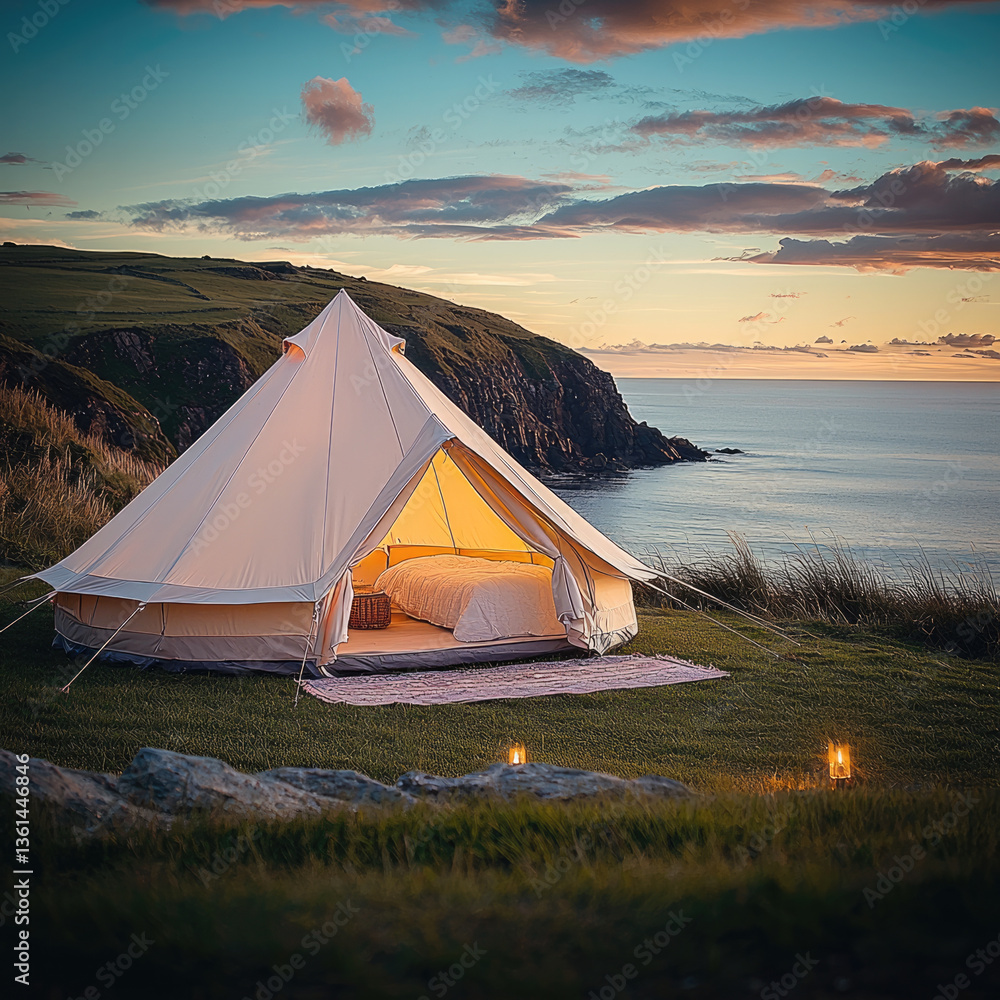 Poster serene canvas tent is set against stunning coastal backdrop, with sun setting over ocean. peaceful a