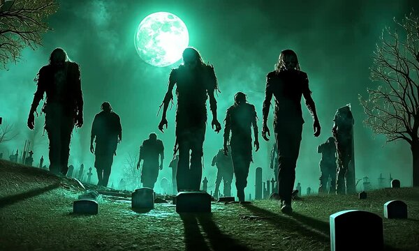 A horde of zombies walks through a graveyard under a luminous moon
