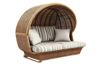 Obraz premium A Cozy Wicker Daybed, Perfect For Relaxing Afternoons, Offers A Sheltered Haven With Soft Cushions And Striped Fabric, Creating A Tranquil Escape Isolated on Transparent Background