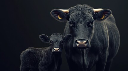 Naklejka premium Black cow, calf, studio, dark background, livestock farming