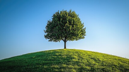 Obraz premium Perfectly Round Green Tree on a Hill Against Deep Blue Sky