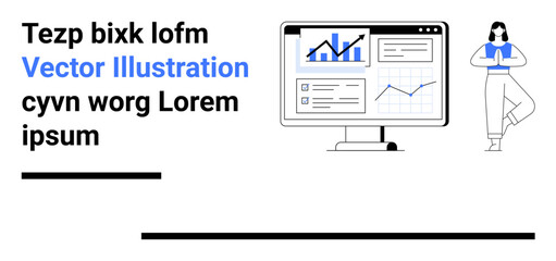 Computer screen displaying graphs and analytics with a woman in yoga pose. Ideal for productivity, health balance, wellness, data analysis, teamwork, tech mindset, simple landing page
