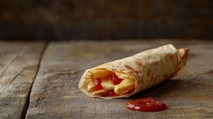 French fries wrap, wood, rustic, ketchup, snack
