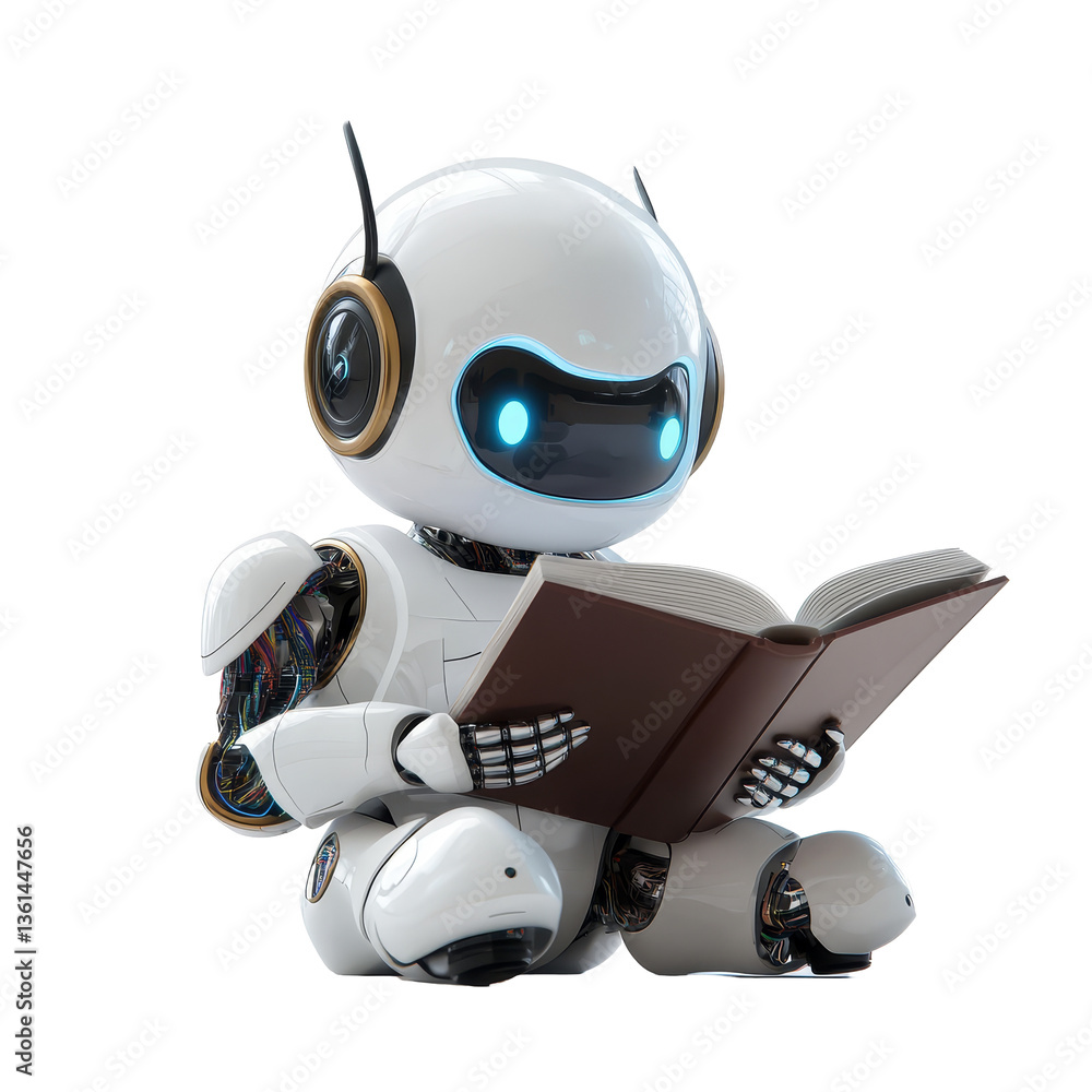 Poster cheerful humanoid android reading a book on a transparent background with accents during a serene mo