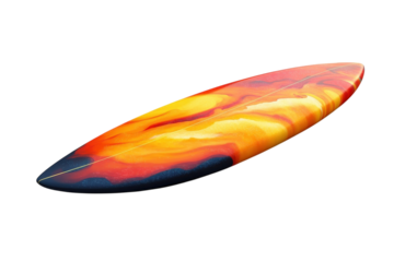 A Fiery Sunset Surf Board Ready To Ride The Perfect Wave, Showcasing Vibrant Orange And Red Hues With A Sleek, Dark Base Isolated on Transparent Background