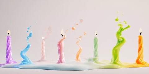 Colorful candles melting in vibrant hues, creating a playful scene against a soft background