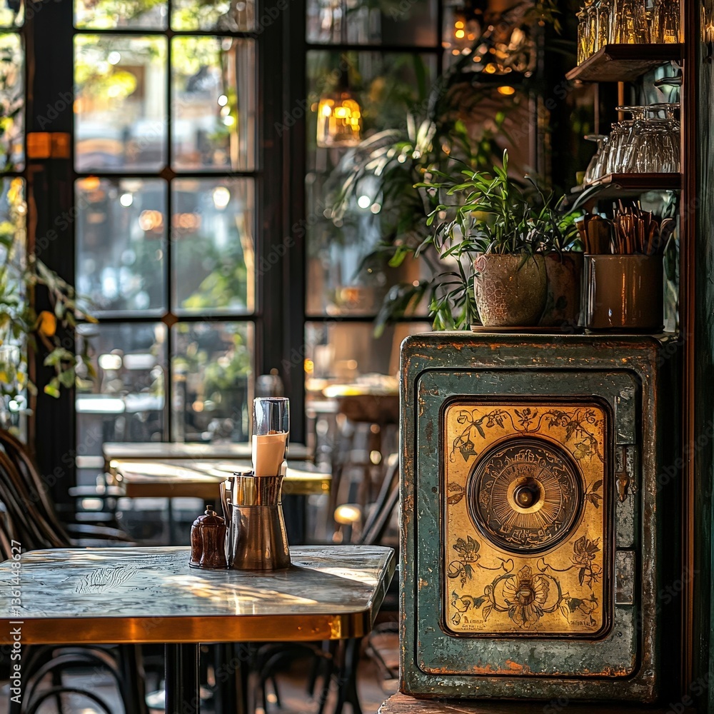 Poster round antique clock displayed on a rustic wooden table with sunlight filtering through the window