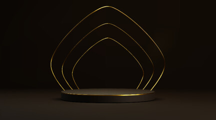 Round podium and golden arch on black background. Vector realistic illustration of round stage for luxury product presentation or winner award ceremony, shiny yellow lines on wall, dark showroom