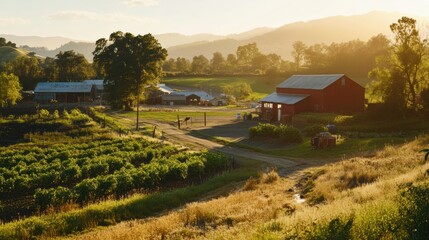 Vibrant farm landscape with fresh organic produce for delivery in warm sunlight during late afternoon Generative AI