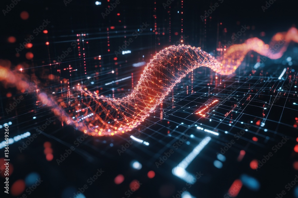 Poster complex dna strands interact with data processing elements against a dark background, dna strands ov