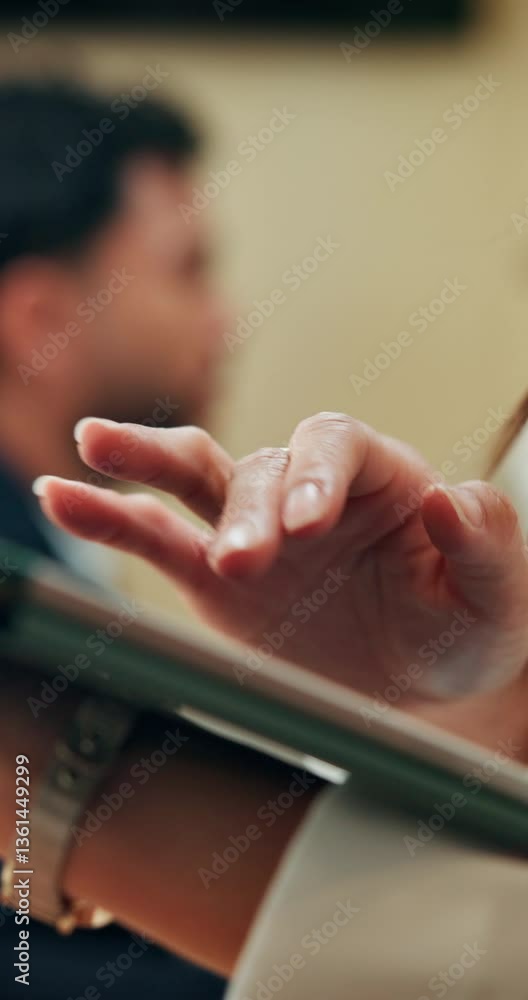 Aufkleber tablet, scroll and hands with business person in office for investment app, client portfolio and pla