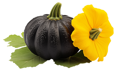 Black pumpkin with water droplets and a yellow flower bloom