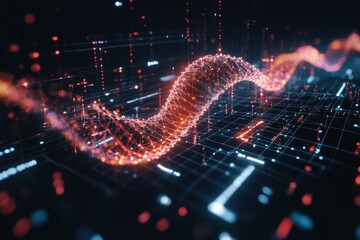Complex dna strands interact with data processing elements against a dark background, dna strands over data processing on black background