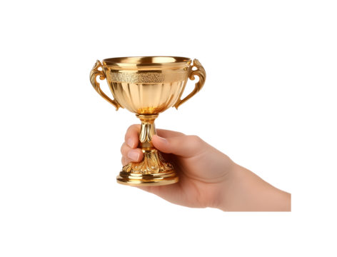 A single human hand holding a victory golden cup in male hand Transparent background PNG,