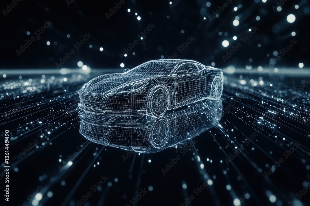 Leinwandbilder rotating holographic wireframe car model with glowing particles in a futuristic setting, holographic