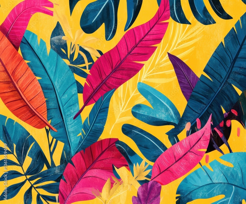 Poster tropical leafy burst: a vibrant and dynamic design featuring a colorful array of tropical leaves wit