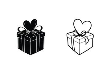 Heart shaped gift icons black, outline, love, present, ribbon, box, symbol, Valentines, design, graph