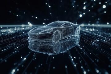 Rotating holographic wireframe car model with glowing particles in a futuristic setting, Holographic of 3D wireframe car model rotating in black virtual space