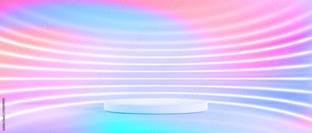 Aufkleber hologram 3d stage with neon line wall - circular white podium on bright curved light streams. gradie