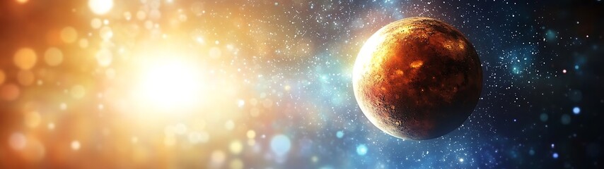 Naklejka premium A luminous planet situated in a vast and starry expanse