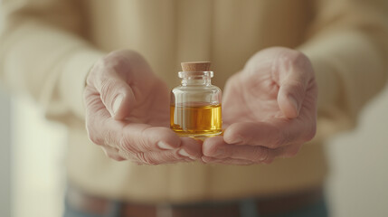 Healing Elixir: A pair of hands tenderly cradles a small glass bottle filled with a golden liquid, possibly representing a potion or healing essence.