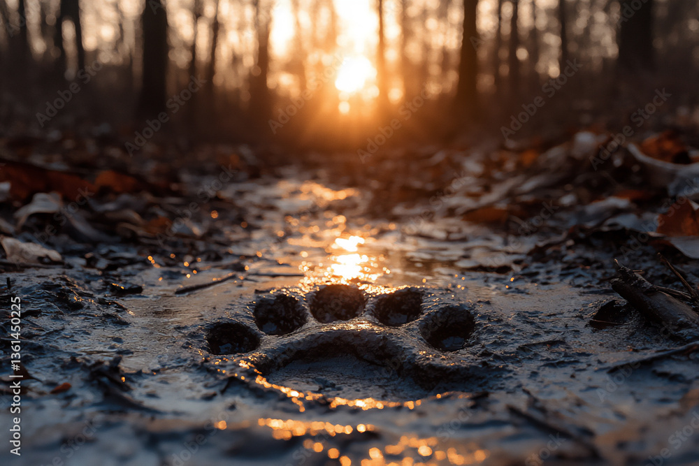 Poster a close-up photograph of a set of paw prints in the soft mud of a forest trail, with dappled sunligh