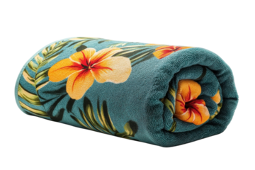 A Rolled Teal Beach Towel Adorned With Vibrant Hibiscus Flowers And Lush Tropical Leaves, Ready For A Sunny Escape Isolated on Transparent Background