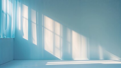 Fototapeta premium Sunlight streams through curtains, casting shadows on a serene blue wall in a peaceful indoor setting