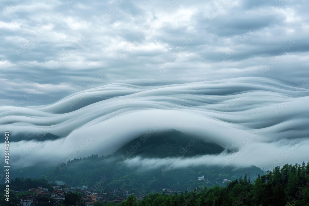 Poster timelapse captures ethereal clouds cascading over majestic mountain landscape at dusk, time-lapse of