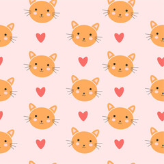 Seamless pattern of cat faces with heart shapes. for posters, fabric patterns, wrapping paper, children's t-shirts, on light pink background. Flat art design
