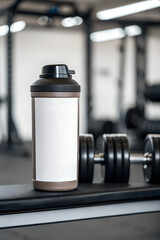 Protein Shake Bottle Stands on a Gym Bench Next to Dumbbells in a Fitness Center During a Workout Session