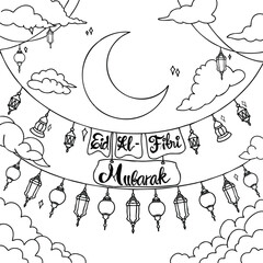 Detailed Line Art Eid Mubarak Vector: Intricate Lanterns, Crescent, and Calligraphy for Elegant Greeting Cards and Crafts