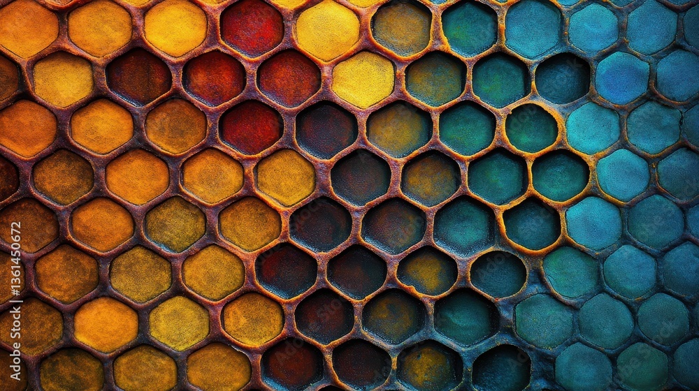 Poster hexagonal honeycomb pattern: a vibrant close-up of a honeycomb structure, showcasing intricate patte