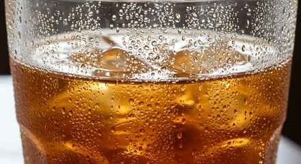 Condensation on a glass of iced tea, tiny droplets catching the light like diamonds.