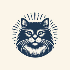 vintage retro cat illustration. Vintage cat logo. Black and white Persian Cat vector artwork. Cute cat illustration.